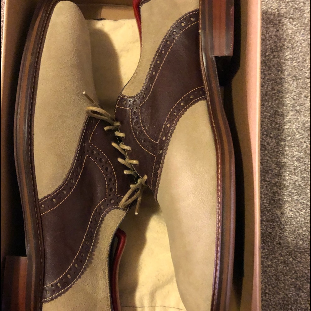 Johnston and Murphy dress shoes. Camel suede w/ mahogany leather. Size 9. $120.